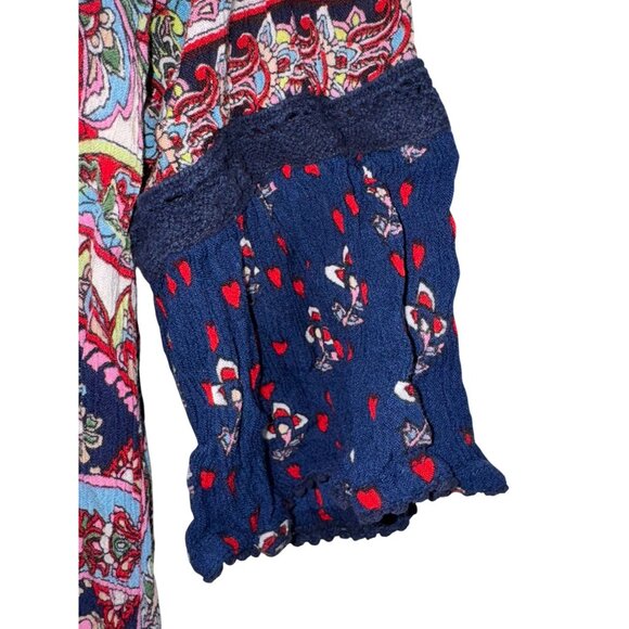 Bila Boho  Womens Floral Print Rayon Top With Lace Sleeve Details Multicolor Siz - Picture 2 of 6